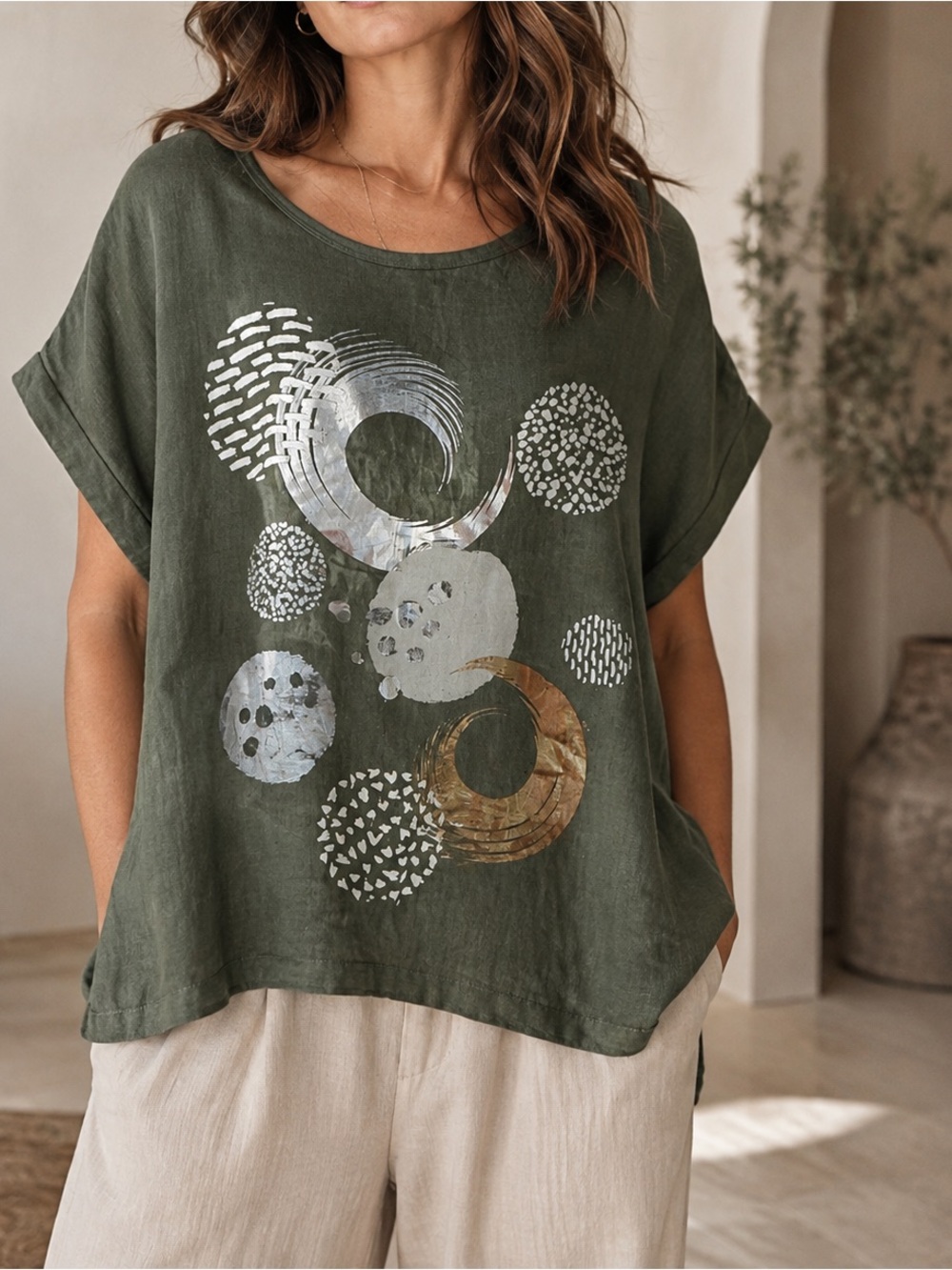 Made in Italy Linen Olive Green Short Sleeve Graphic Relaxed Women’s Top